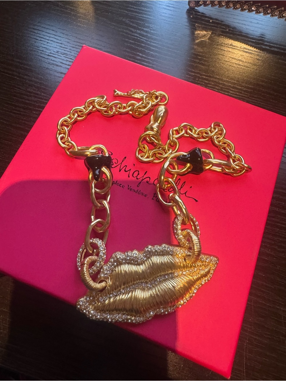 Schiaparelli Gold-Tone Lip Pendant Necklace with Crystal Accents - Women Jewelry
